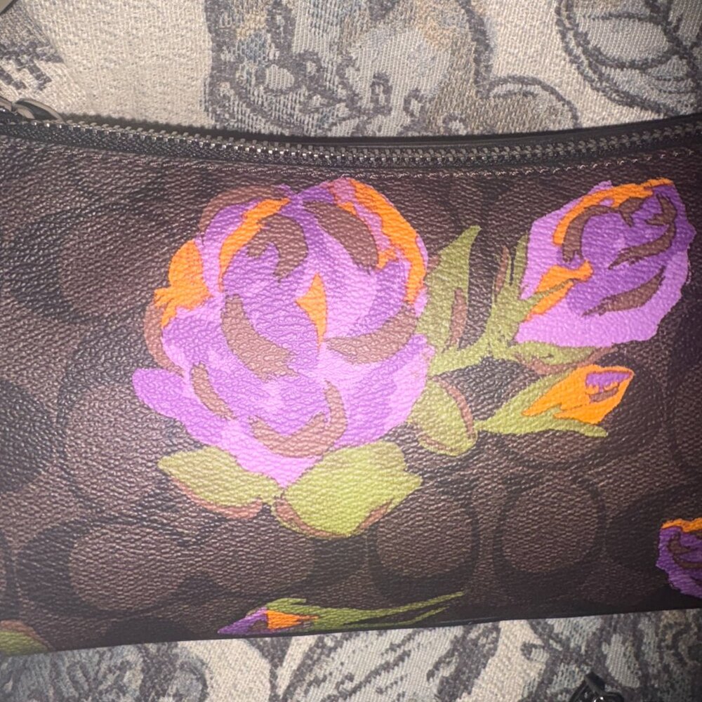 Coach Brown Leather Shoulder Bag with Purple and Orange Floral Print - Picture 10 of 10